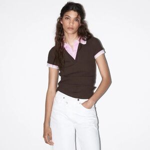 Zara Brown Ribbed Peter Pan Pink Gingham Collar Top with Lace Trim